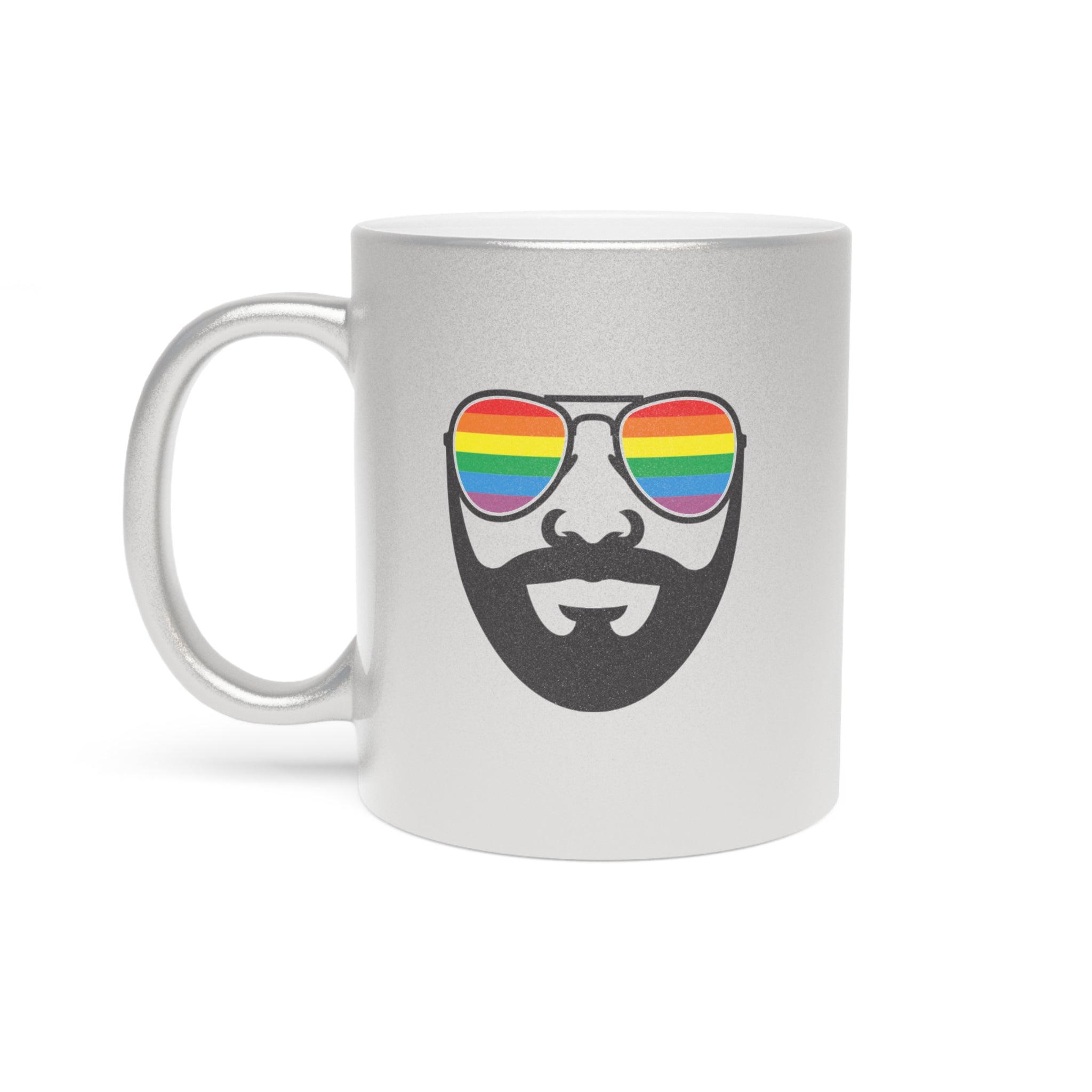 Silver mug featuring a black illustration of a bearded face with rainbow-striped sunglasses.