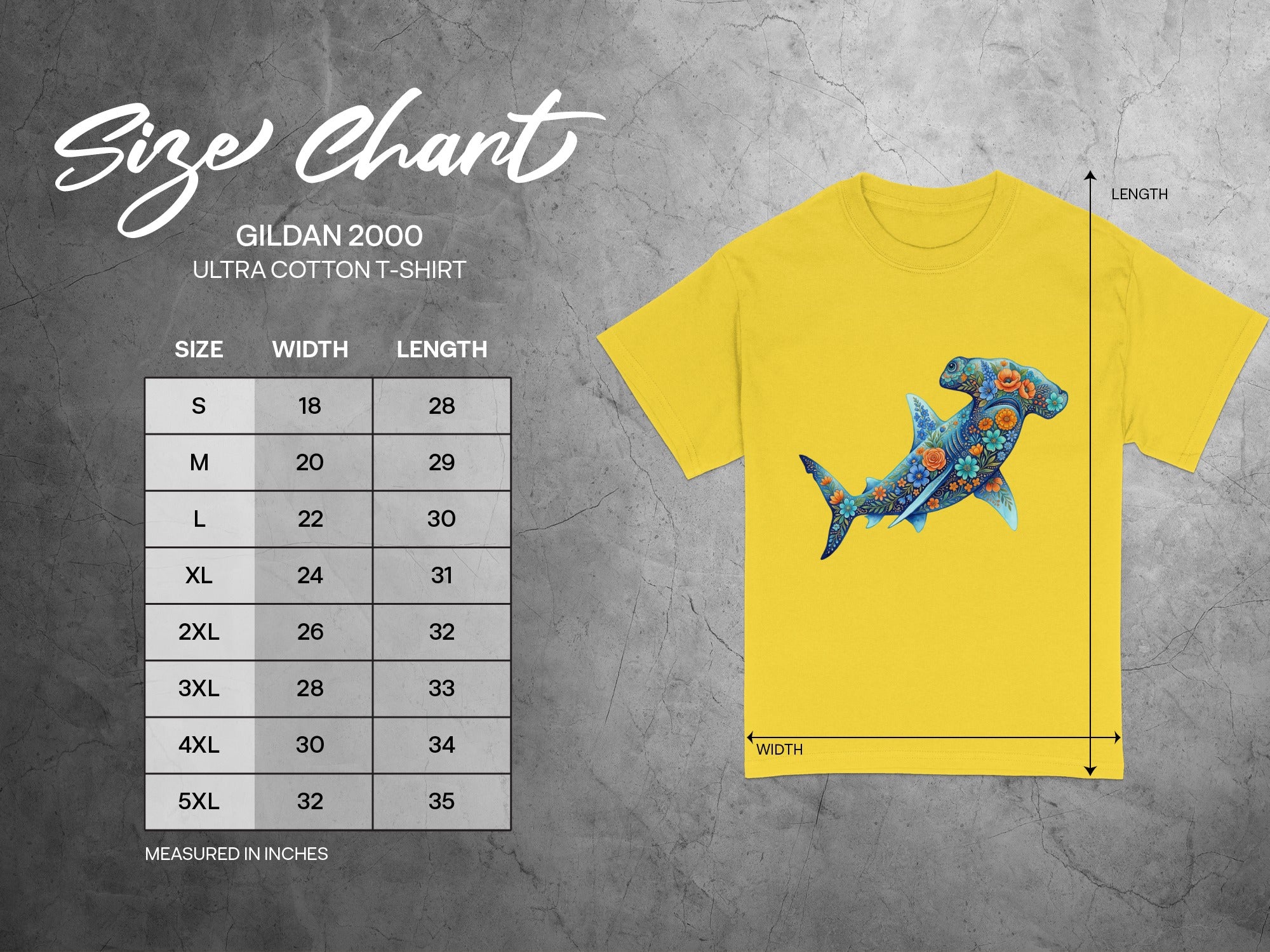 Gildan 2000 Ultra Cotton t-shirt size chart with measurements in inches.