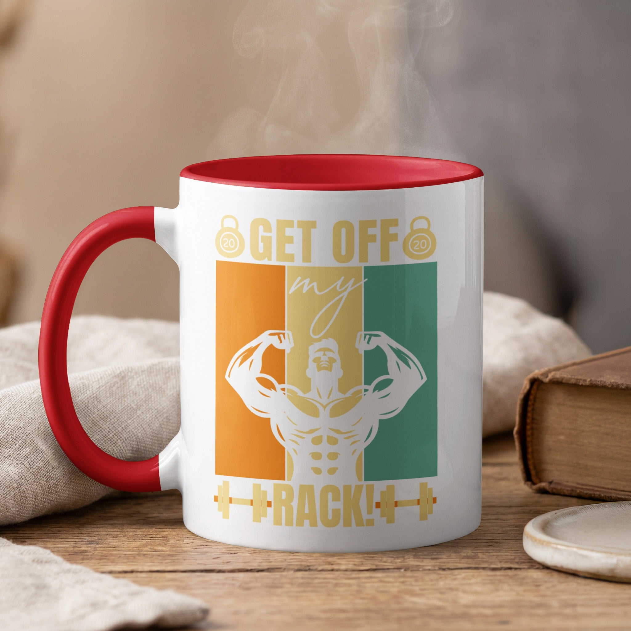 Mug with muscular man and text "Get Off My Back!".