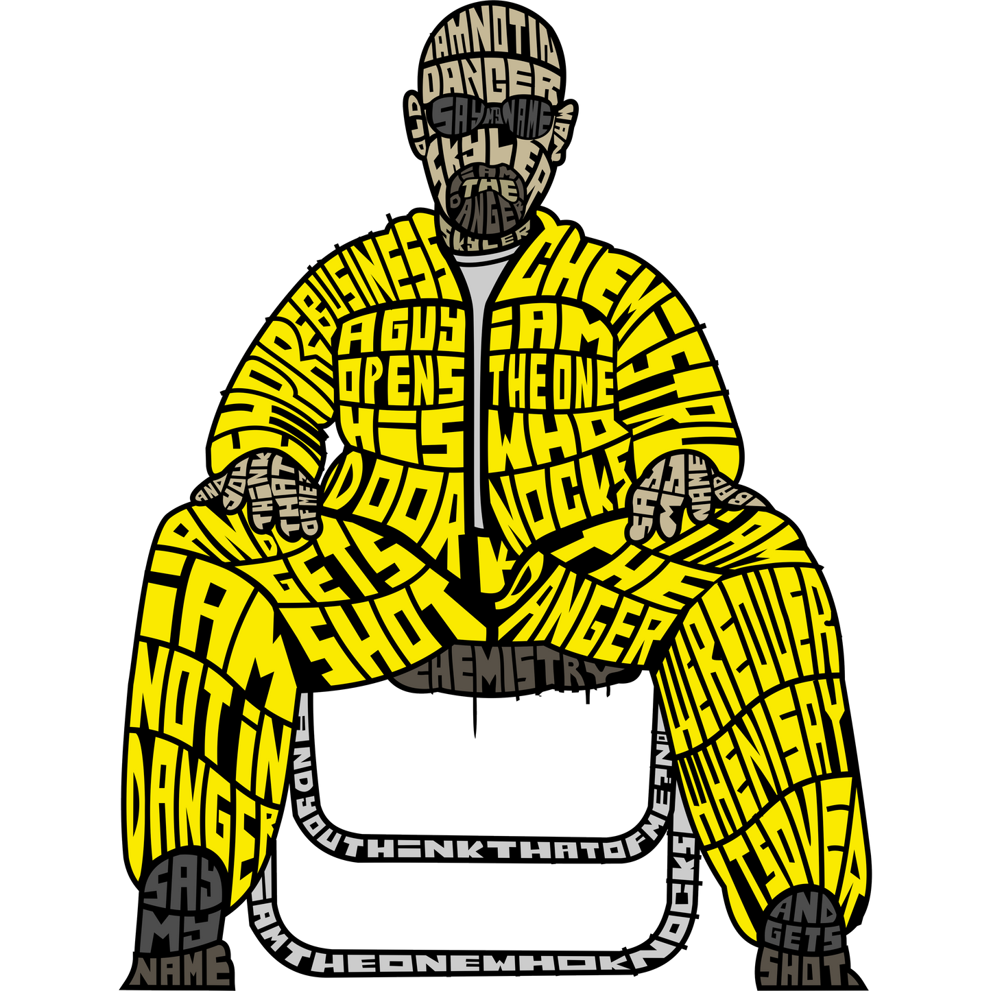 Heisenberg in a yellow hazmat suit formed by text: "I am the danger".