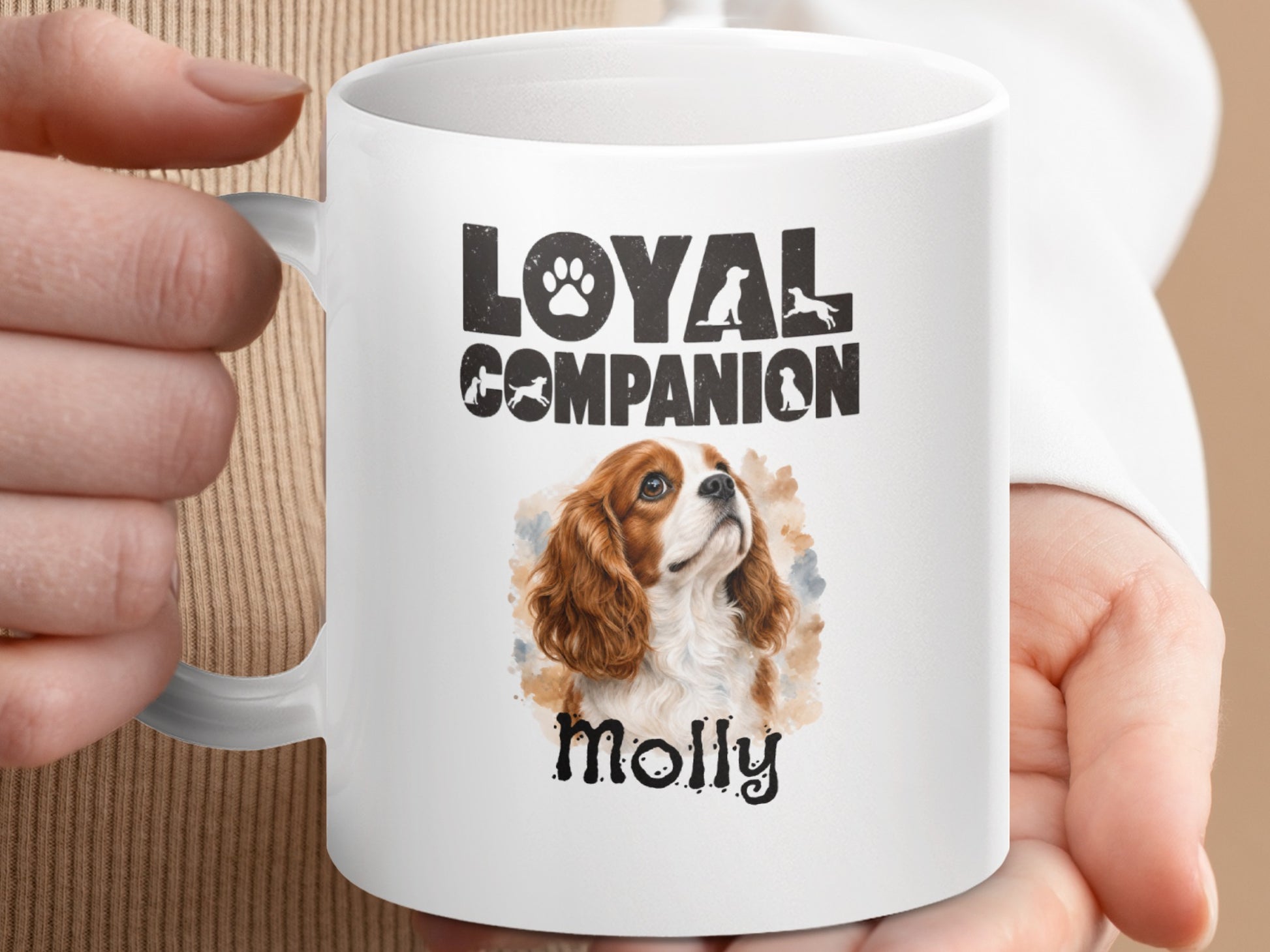 White mug with "Loyal Companion" text and a Cavalier King Charles Spaniel named Molly.