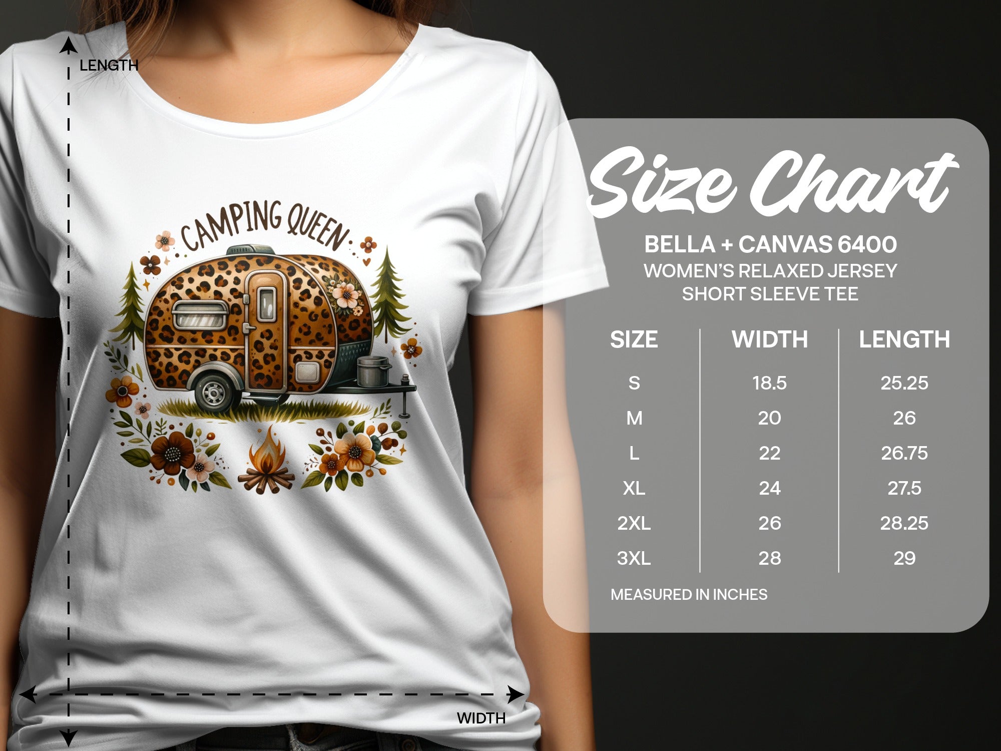 Women's relaxed jersey tee with leopard print camper graphic and size chart.
