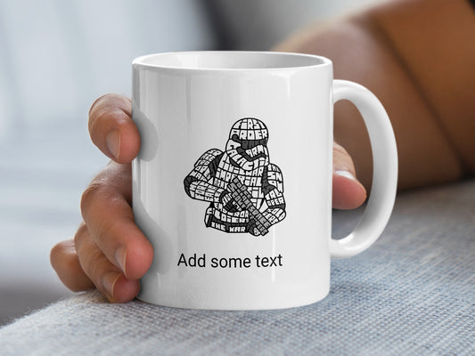 White mug with a pixelated soldier design and "Add some text".