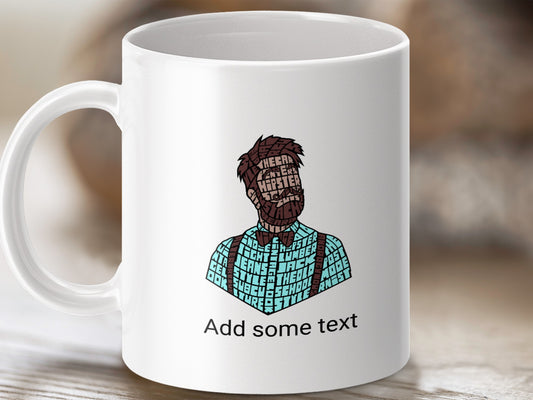 White mug with a hipster illustration and "Add some text."