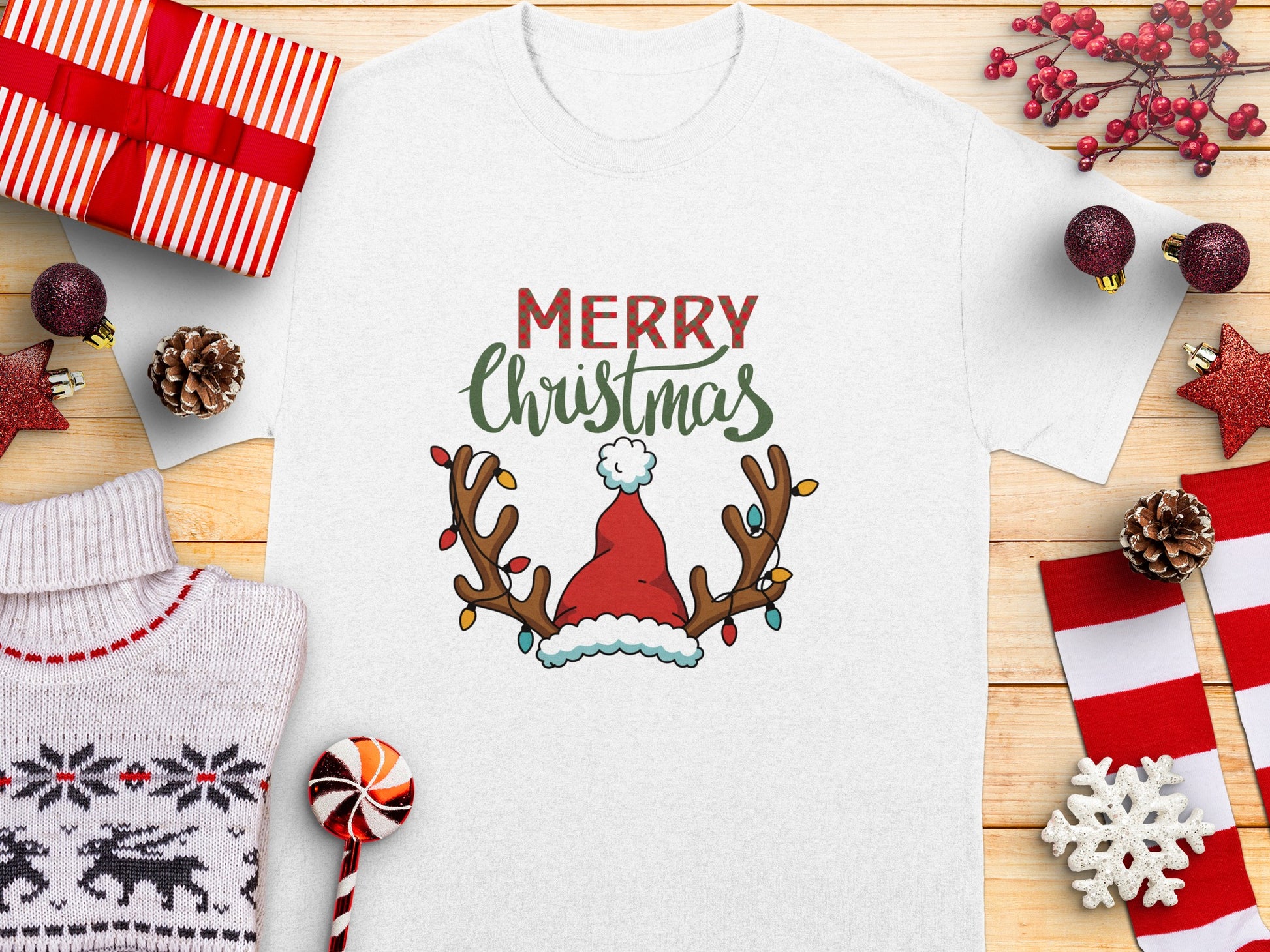 Merry Christmas Festive Santa Reindeer Antlers Shirt