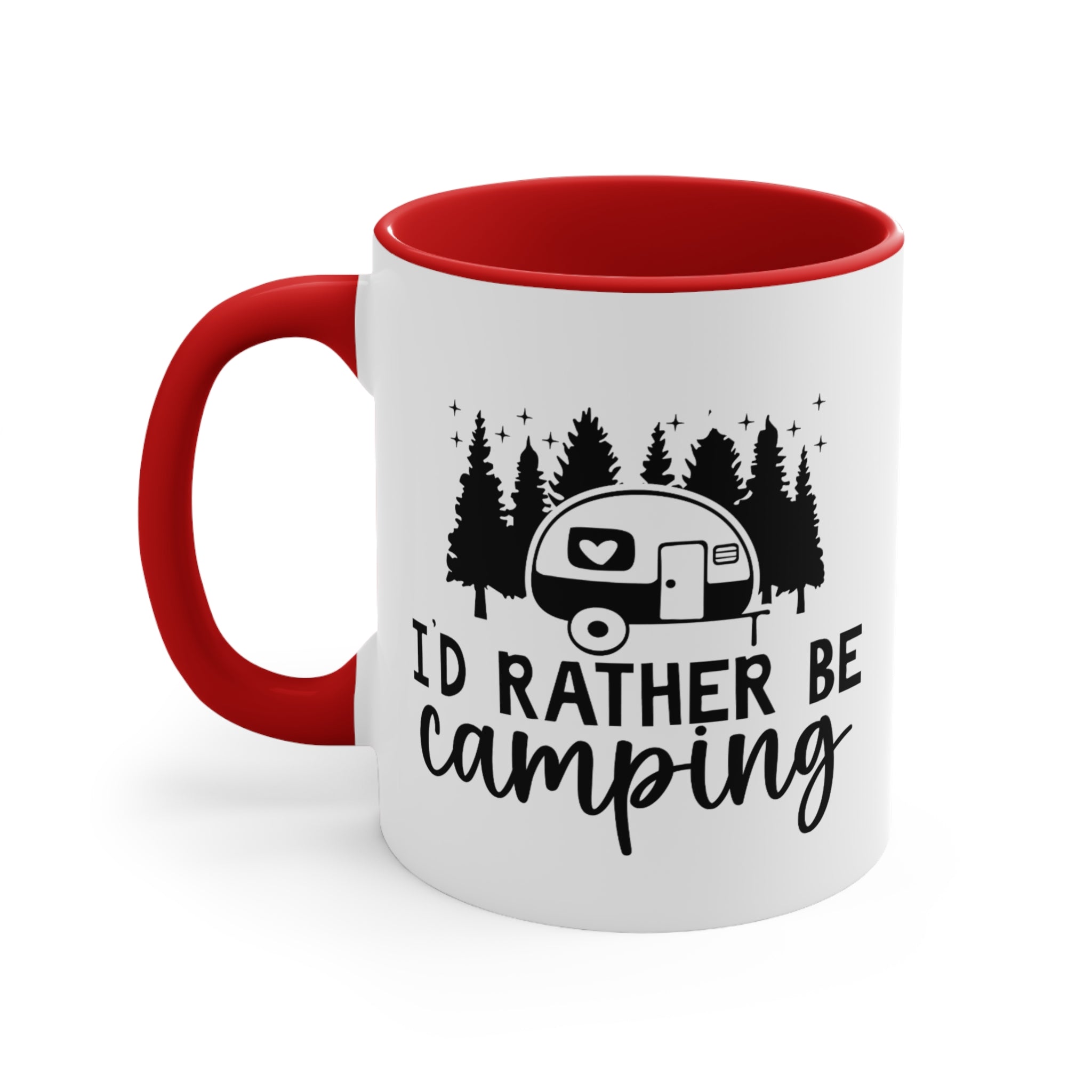 White mug with red handle and interior, features camping graphic and text.