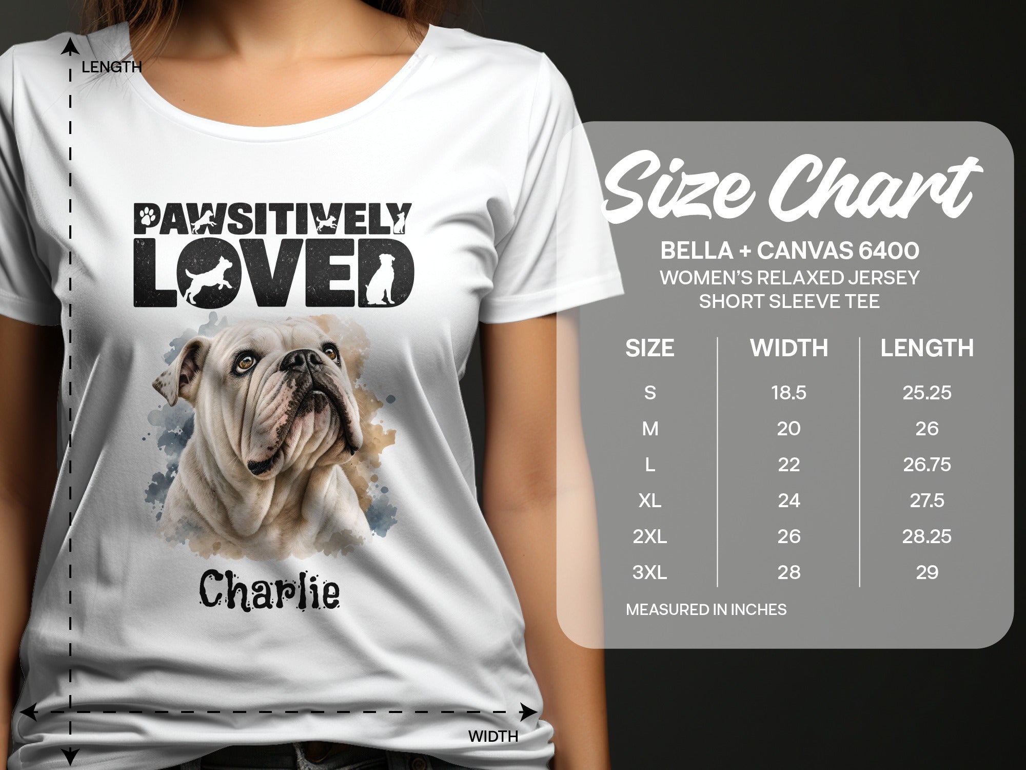 White t-shirt with bulldog graphic and "Charlie" text, includes size chart.