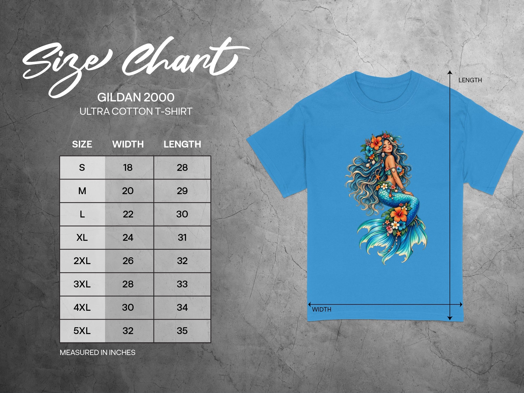 Gildan 2000 Ultra Cotton t-shirt size chart with measurements in inches.
