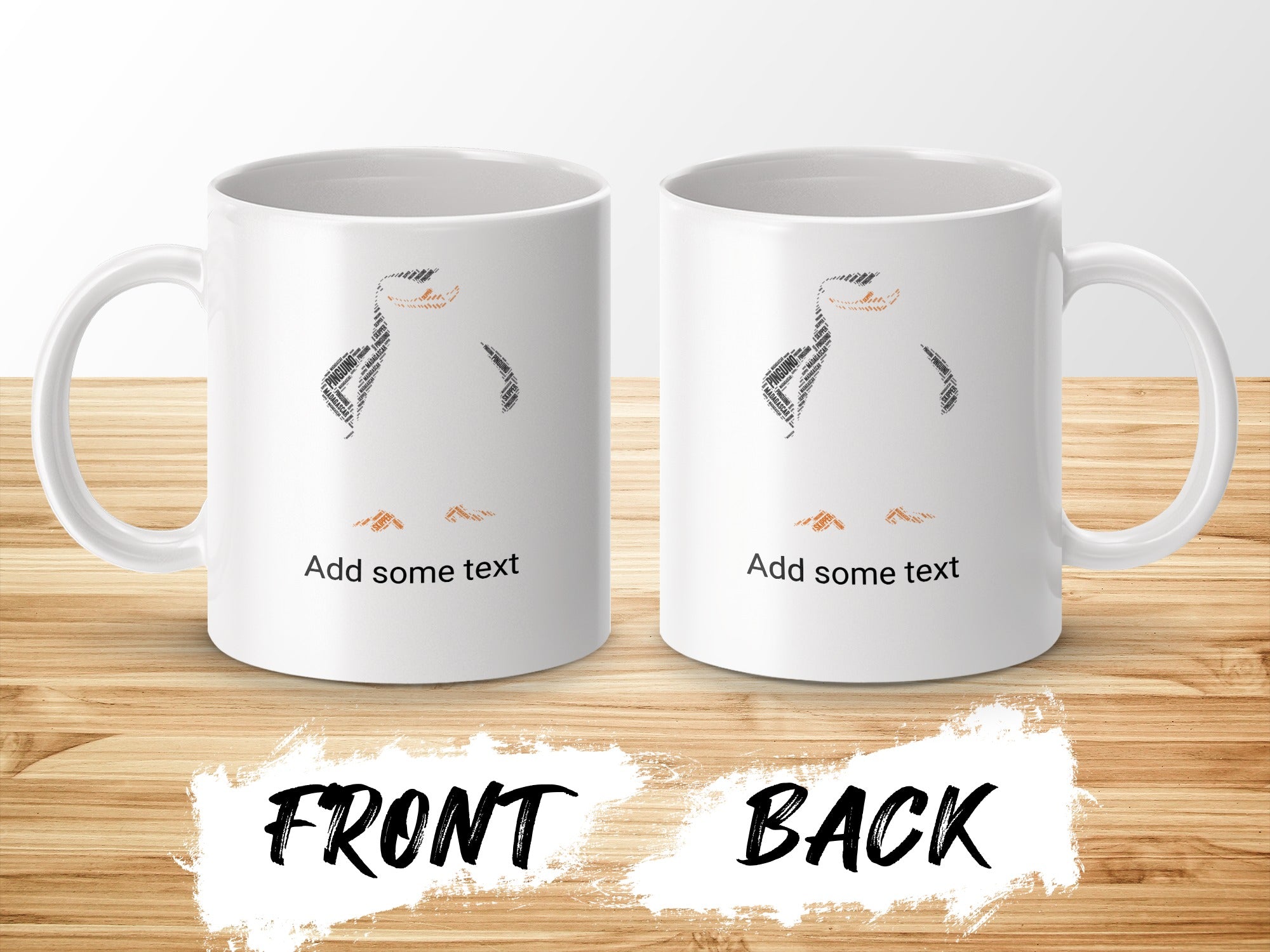 Two white mugs, front and back views, with a graphic penguin and text "Add some text."