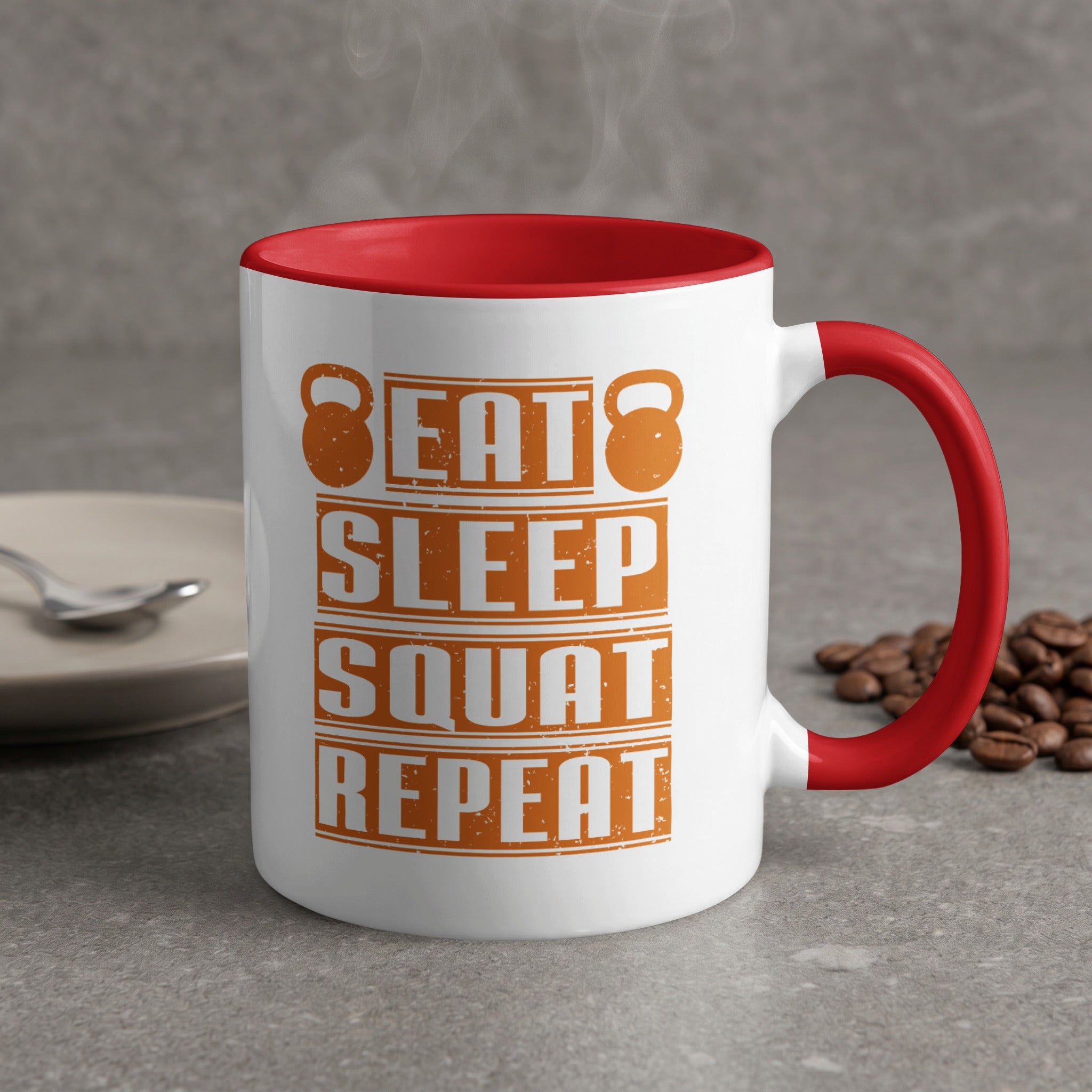 White mug with red handle, featuring "EAT SLEEP SQUAT REPEAT" in orange text.