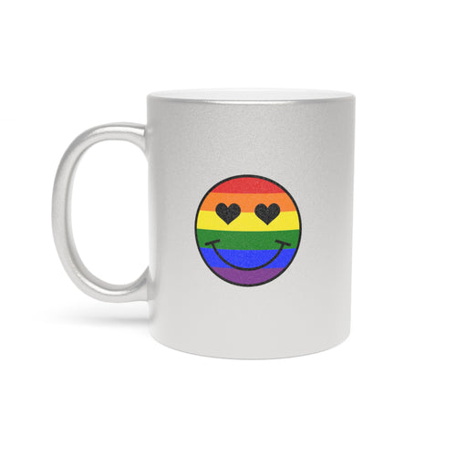 Silver mug with rainbow smiley face and black heart eyes