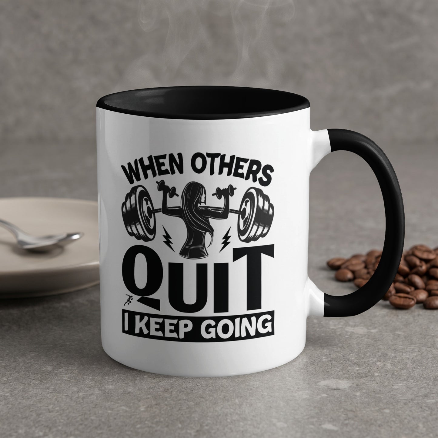 White mug with black rim, featuring workout graphic and motivational text.