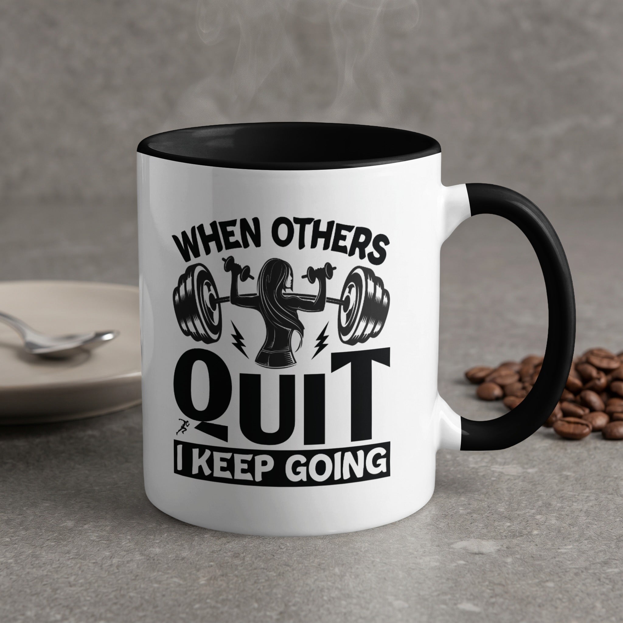 White mug with black rim, featuring workout graphic and motivational text.