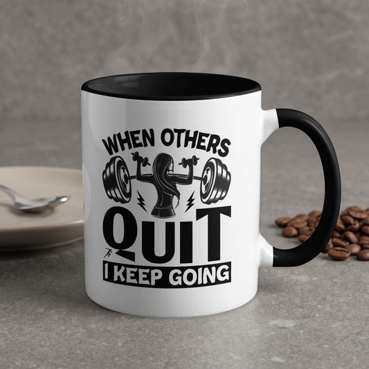 White mug with black rim, featuring workout graphic and motivational text.