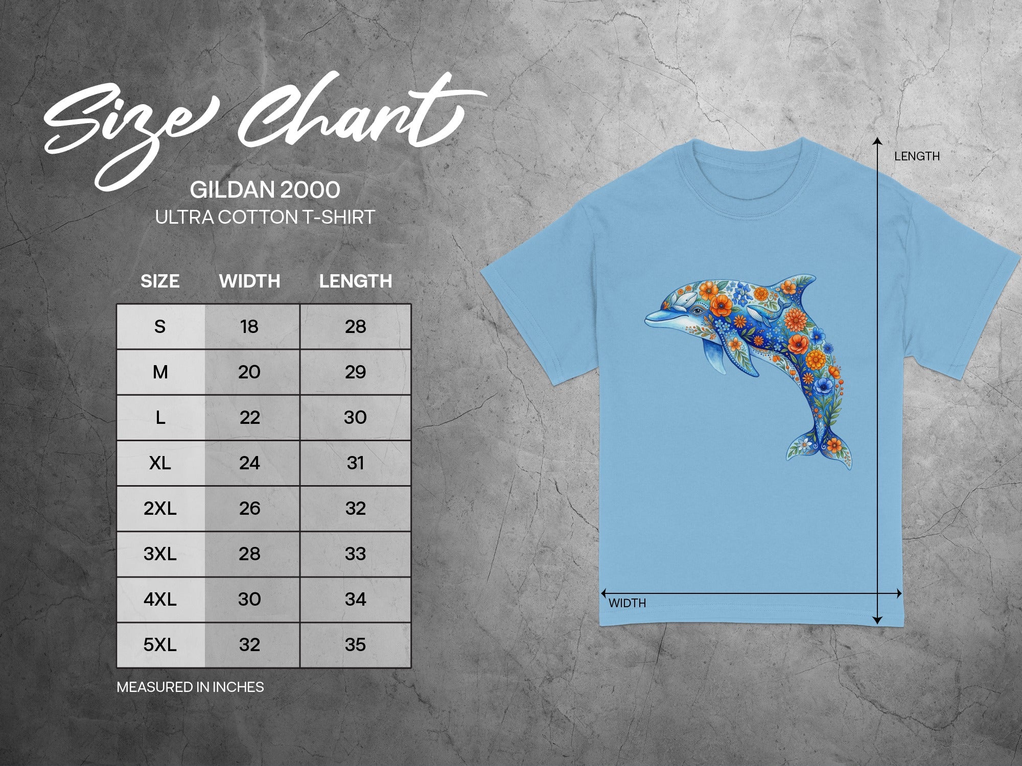 Gildan 2000 Ultra Cotton T-Shirt size chart with measurements in inches.
