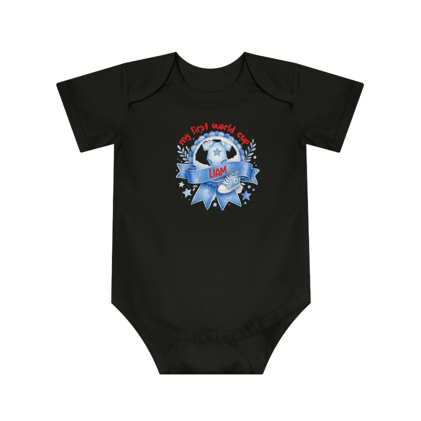 Black baby bodysuit with "my first world cup" text and a soccer shoe graphic.