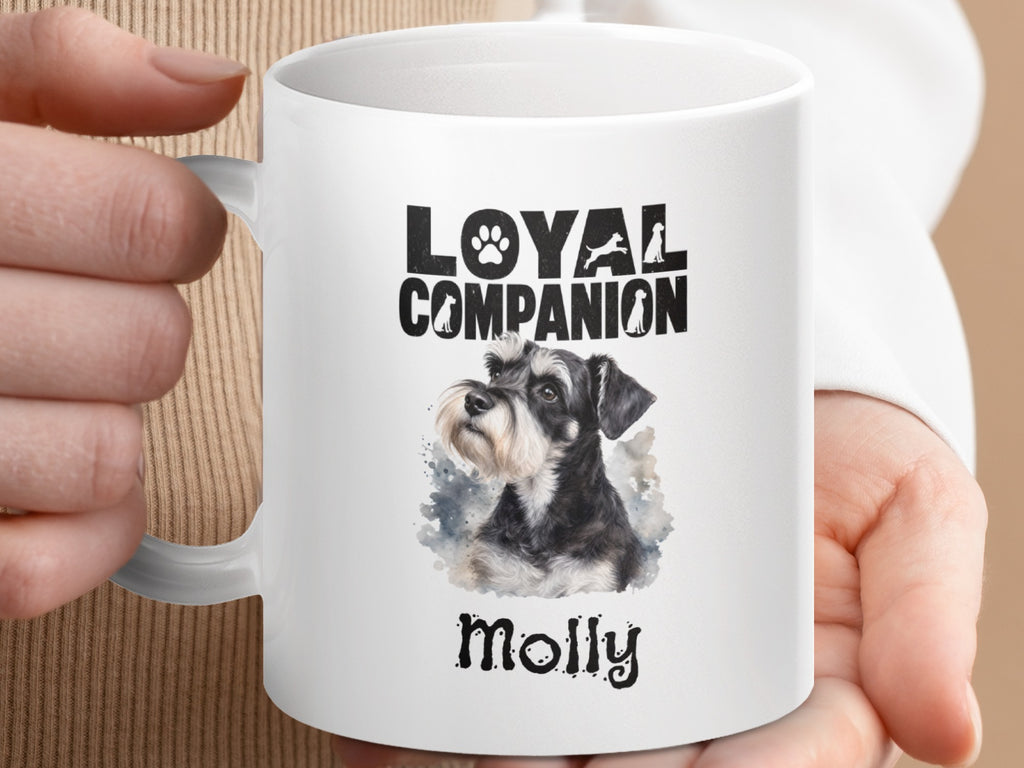 White mug with "Loyal Companion" text, a watercolor schnauzer, and "Molly" name.