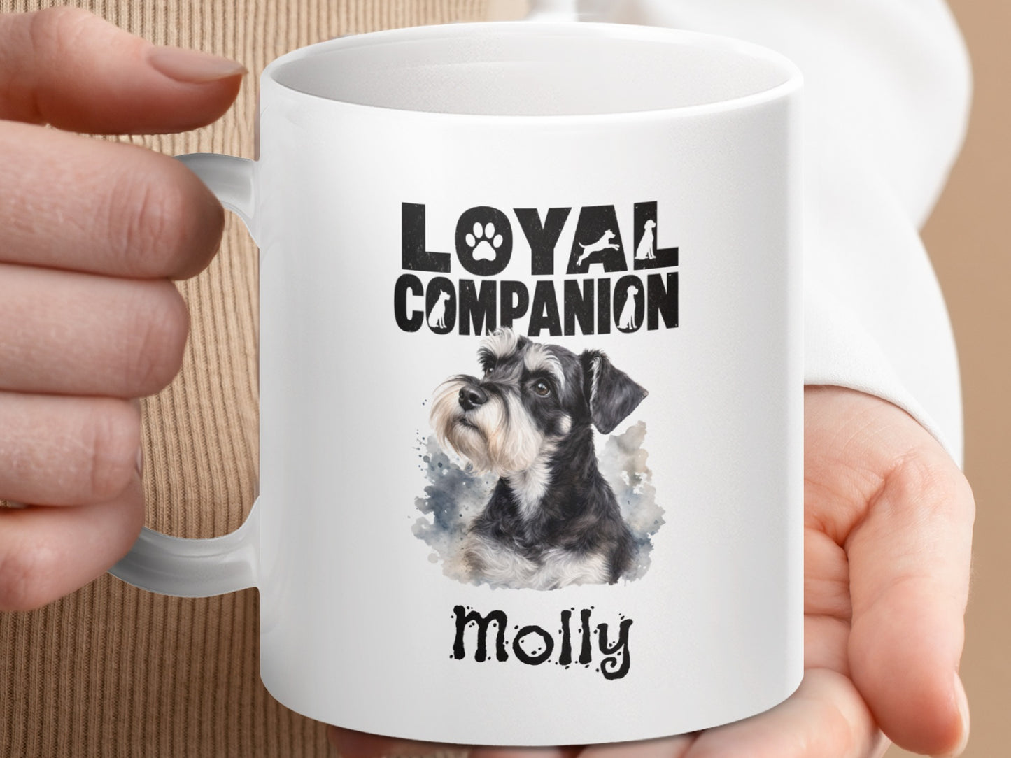 White mug with "Loyal Companion" text, a watercolor schnauzer, and "Molly" name.