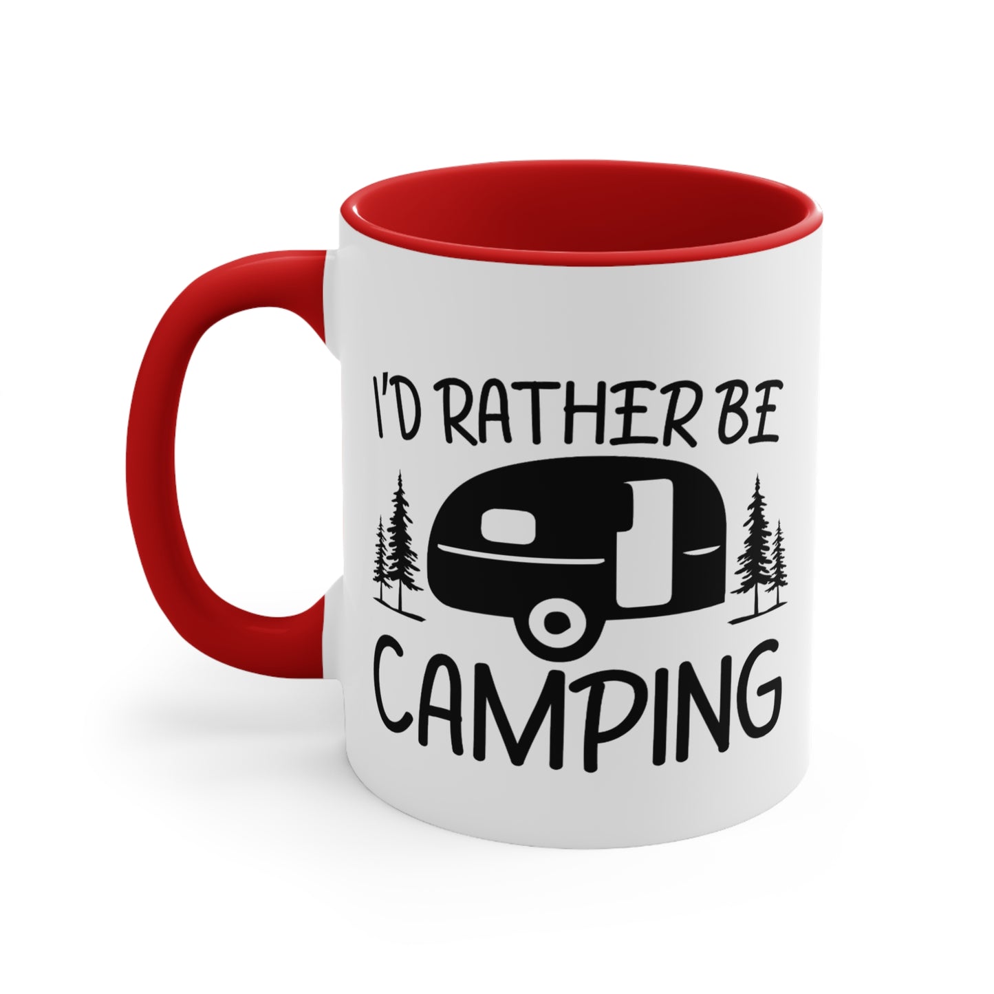 White mug with red interior and handle, "I'D RATHER BE CAMPING" text and camper graphic.