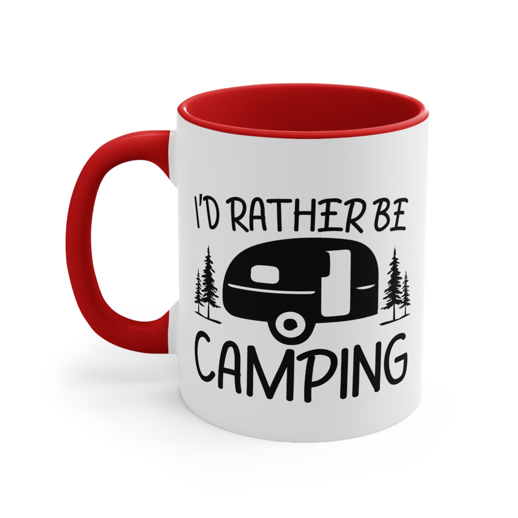 White mug with red interior and handle, "I'D RATHER BE CAMPING" text and camper graphic.