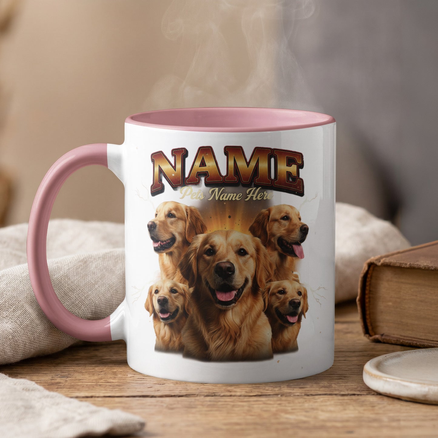 Golden Retrievers smiling on a custom mug with "NAME Pets Name Here" text.