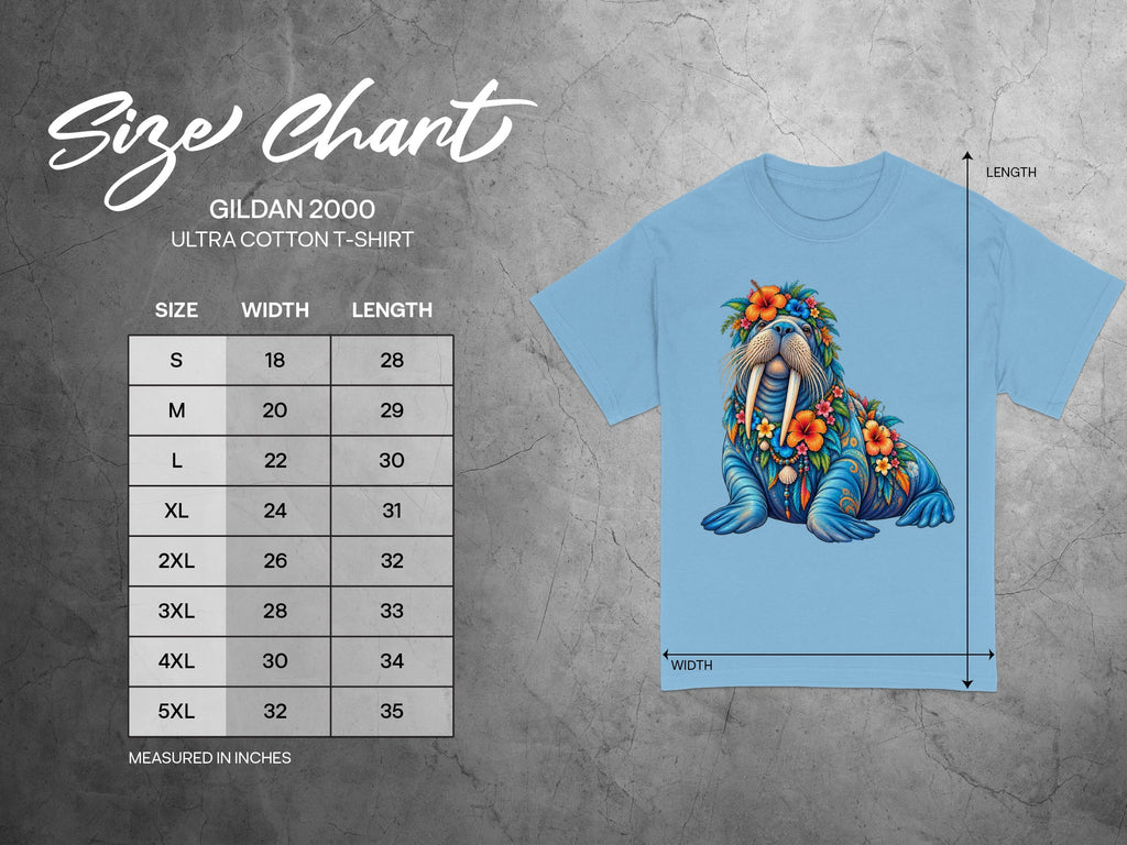 Size chart for Gildan 2000 Ultra Cotton T-Shirt with walrus graphic.