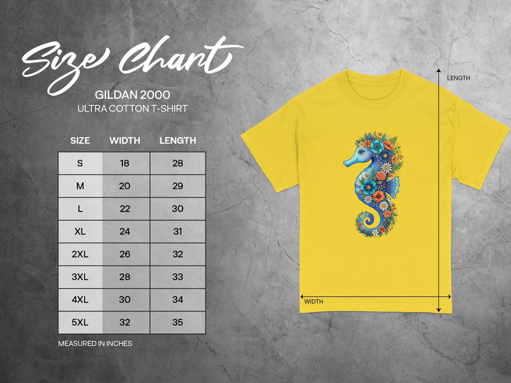 Gildan 2000 size chart for Ultra Cotton T-Shirt with seahorse graphic.