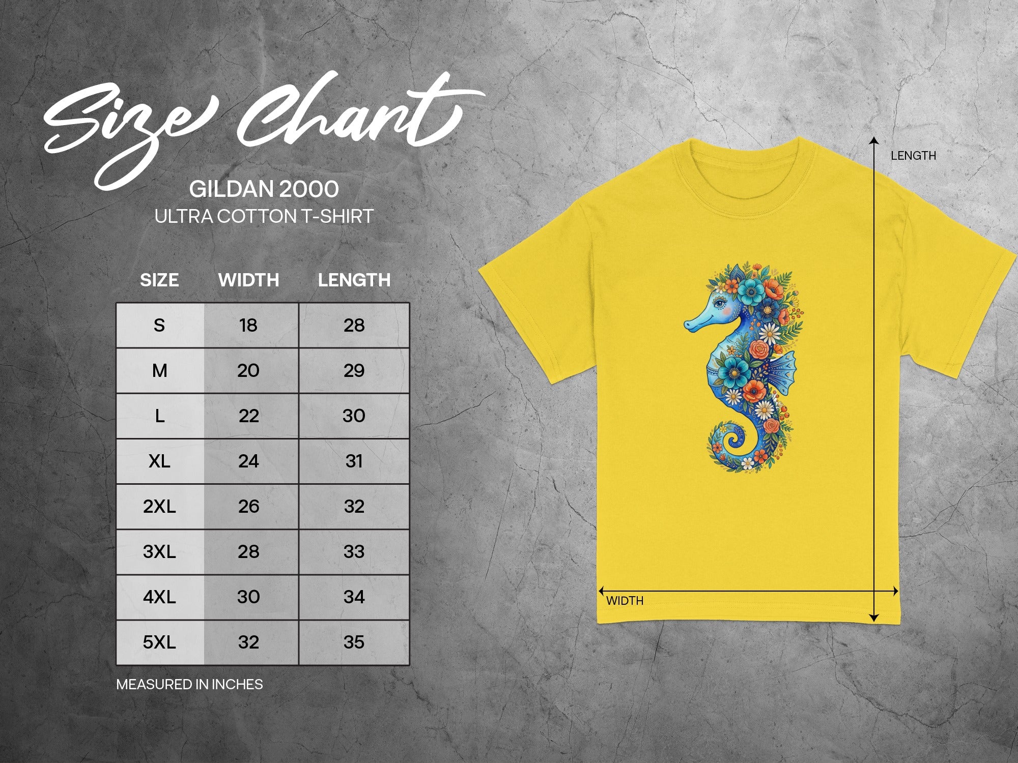 Gildan 2000 size chart for Ultra Cotton T-Shirt with seahorse graphic.