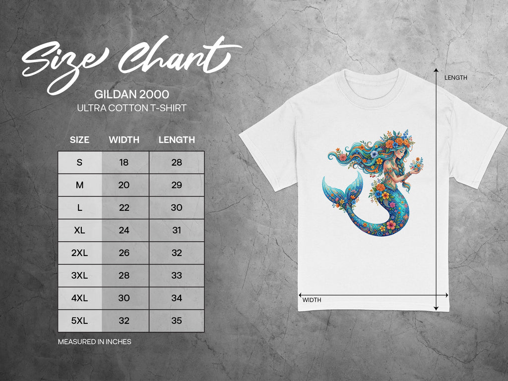Gildan 2000 Ultra Cotton t-shirt size chart with mermaid graphic.