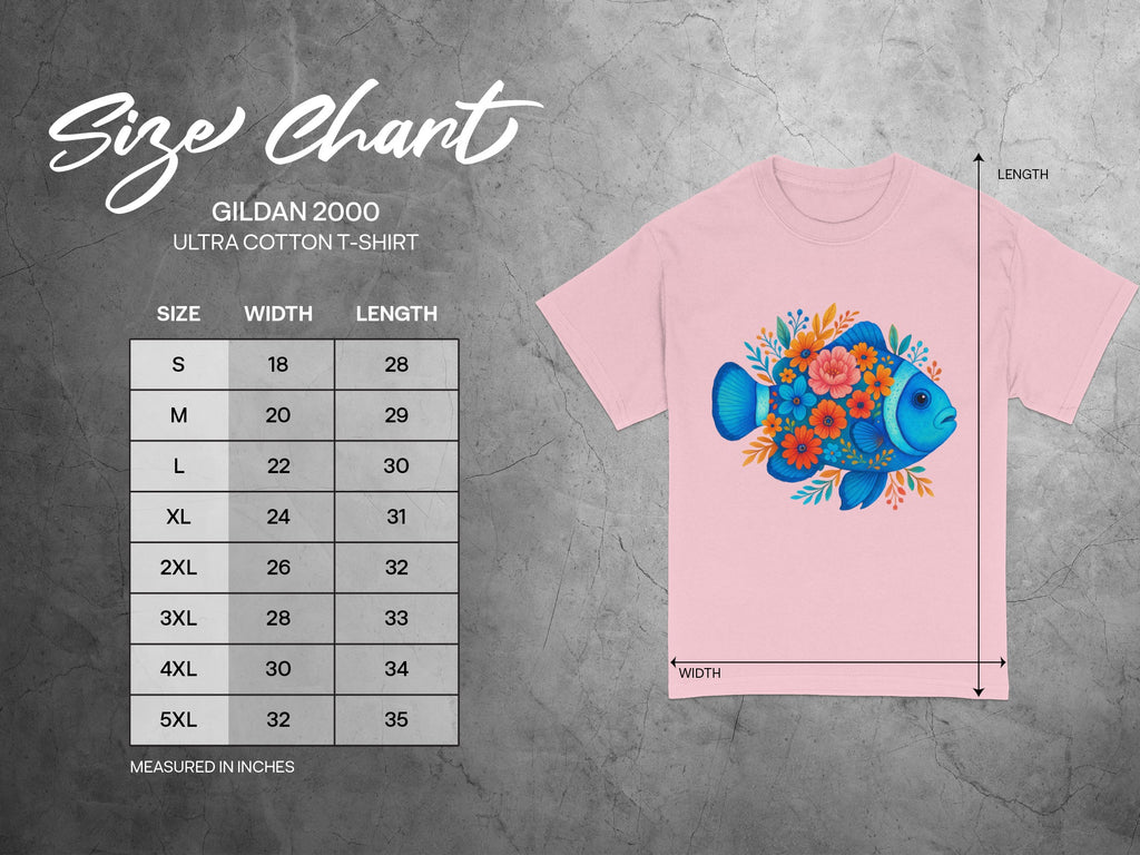 Gildan 2000 Ultra Cotton t-shirt size chart with floral fish graphic.