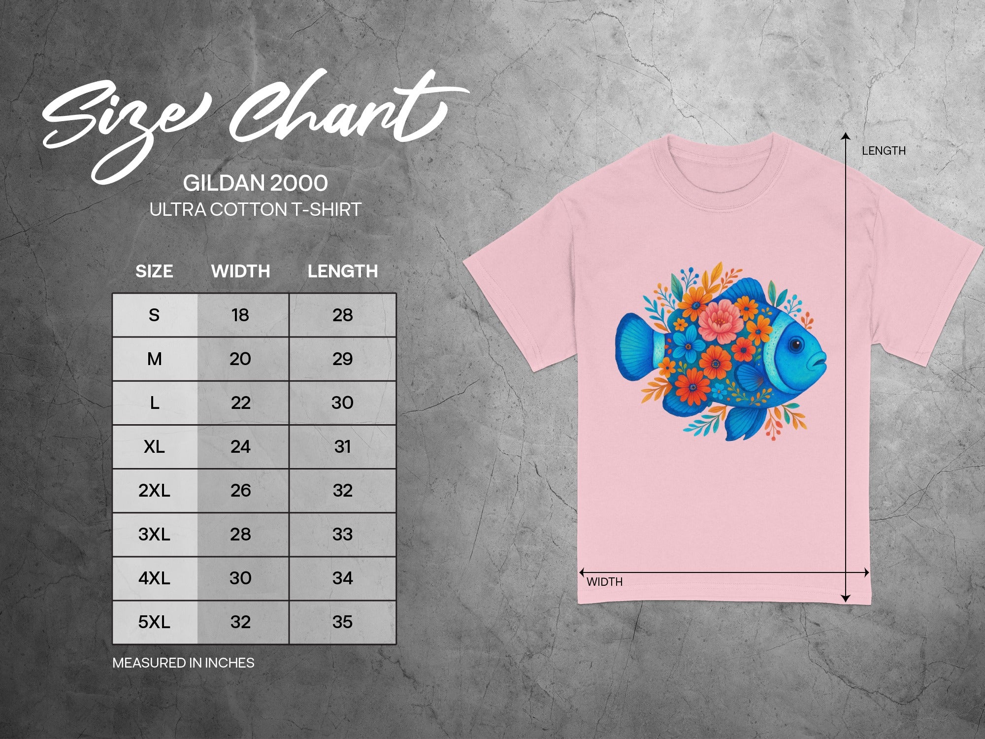 Gildan 2000 Ultra Cotton t-shirt size chart with floral fish graphic.