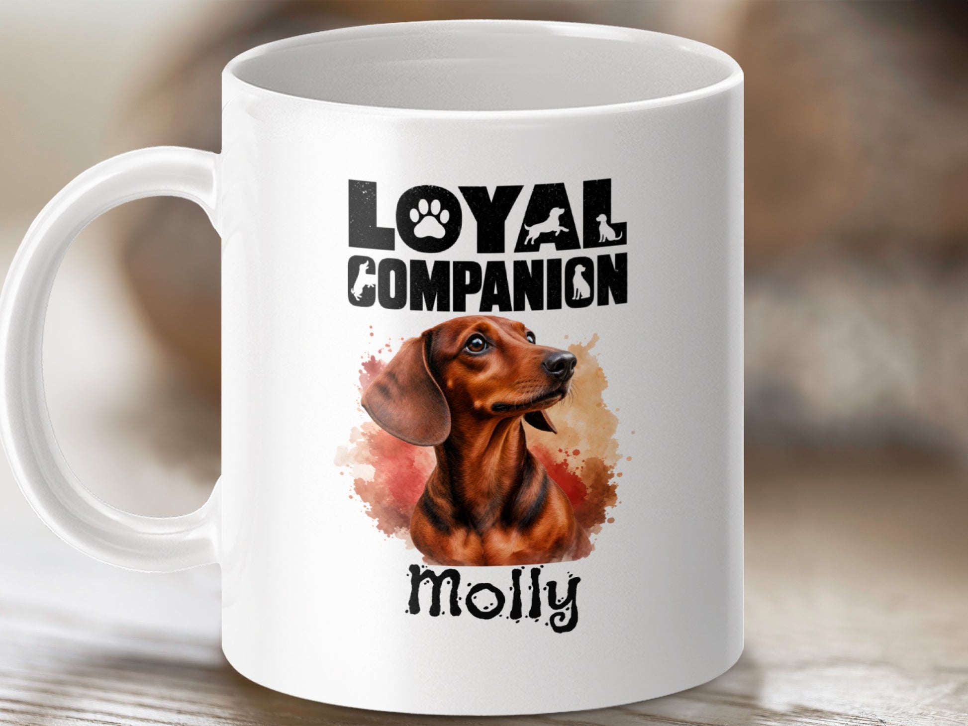 Mug with dachshund illustration and text "Loyal Companion Molly".