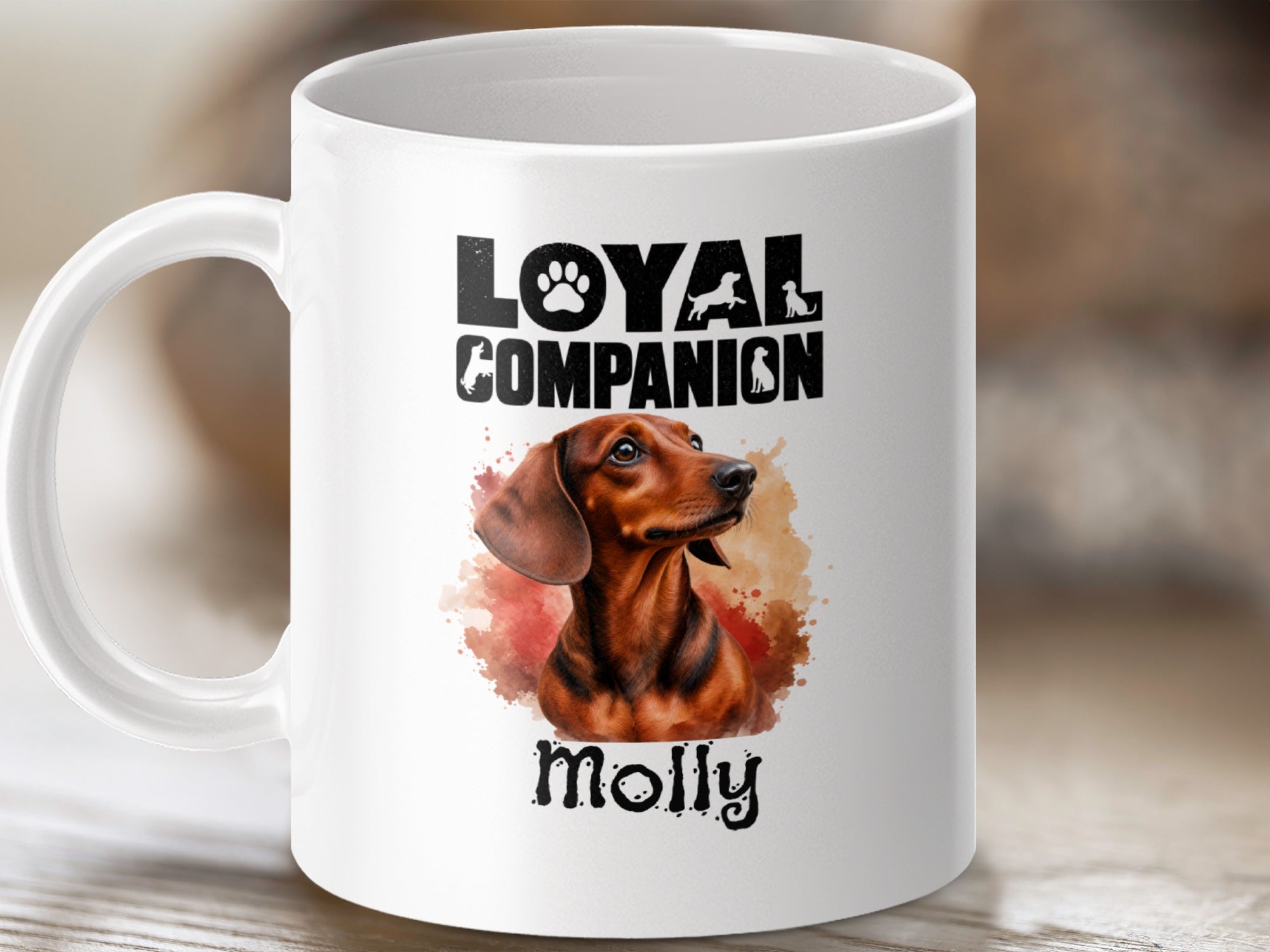 Mug with dachshund illustration and text "Loyal Companion Molly".