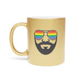 Gold mug with a black beard and rainbow sunglasses design.