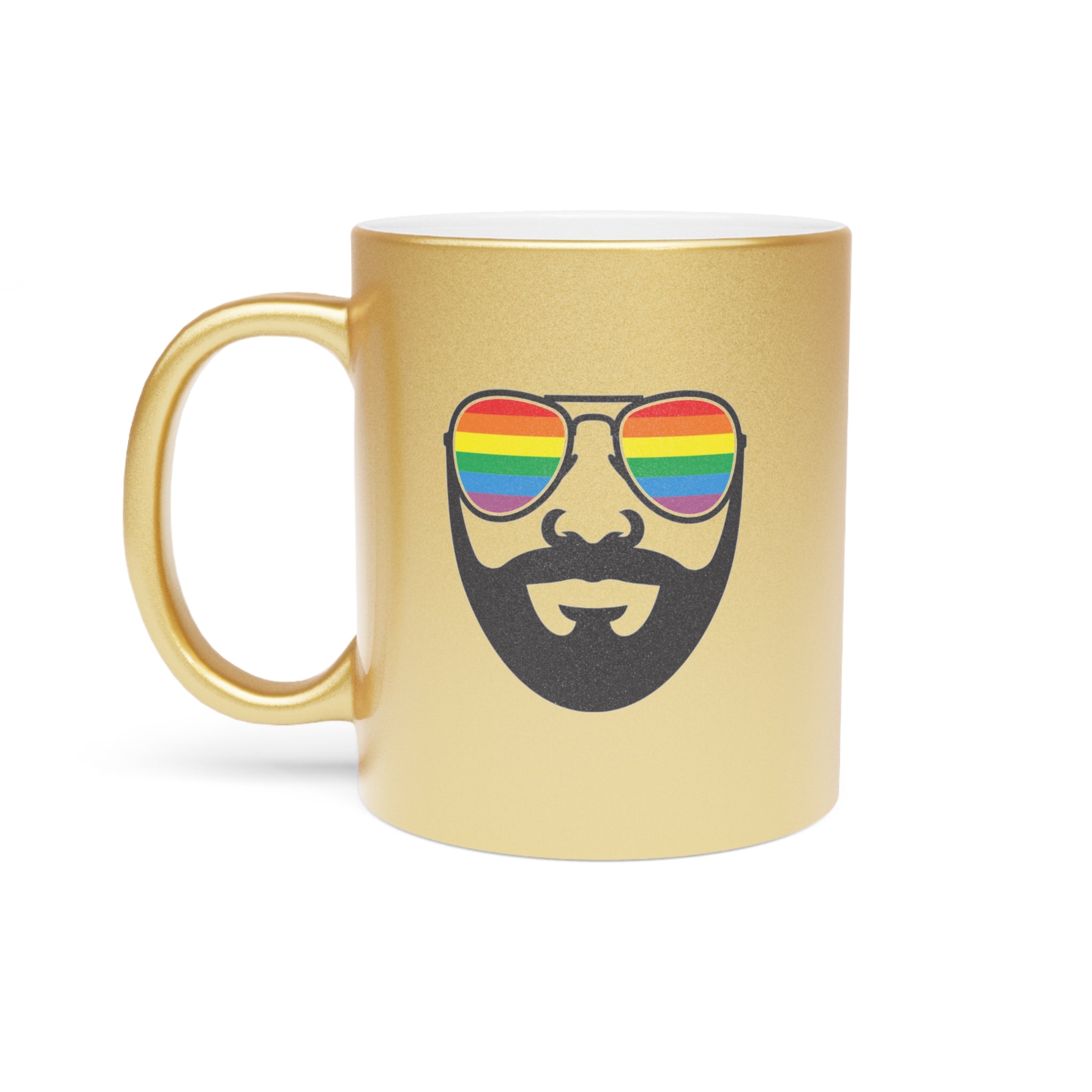 Gold mug with a black beard and rainbow sunglasses design.