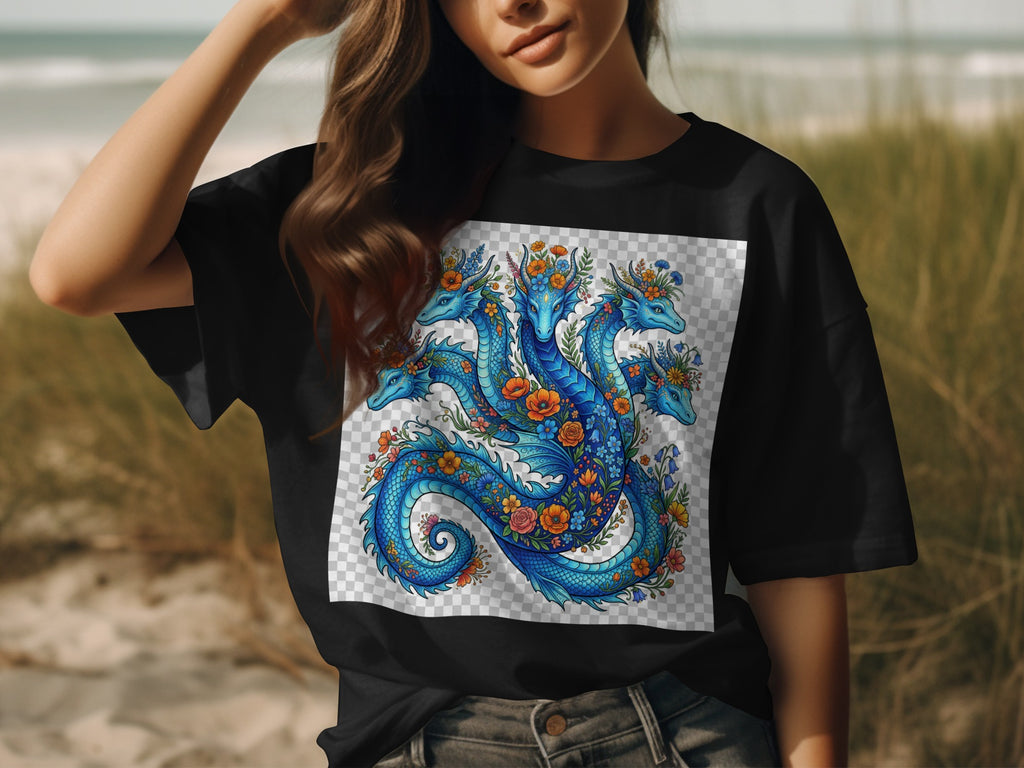 Black t-shirt with a blue hydra dragon surrounded by colorful flowers and greenery.