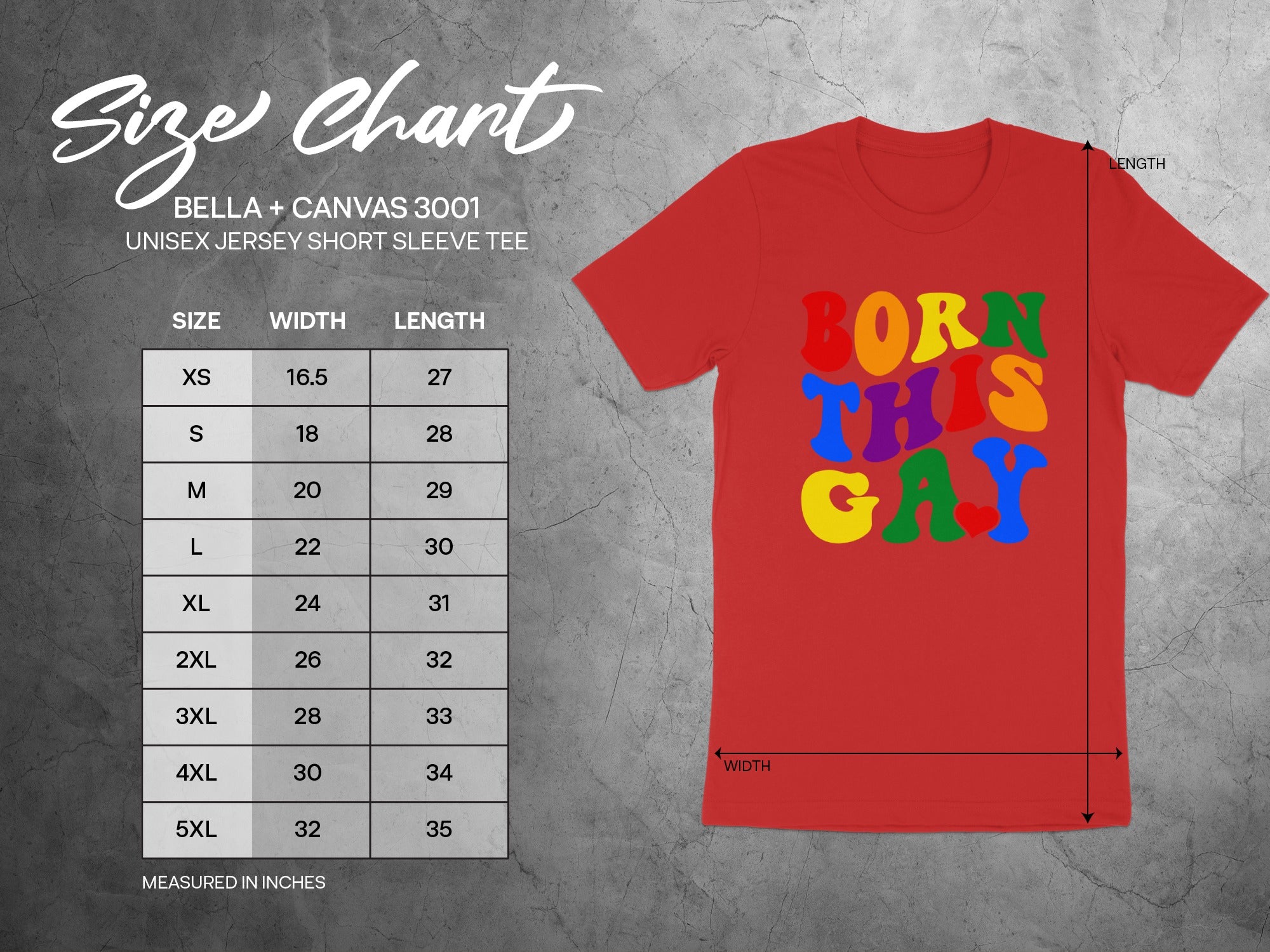 Red Bella + Canvas 3001 unisex t-shirt size chart and garment.
