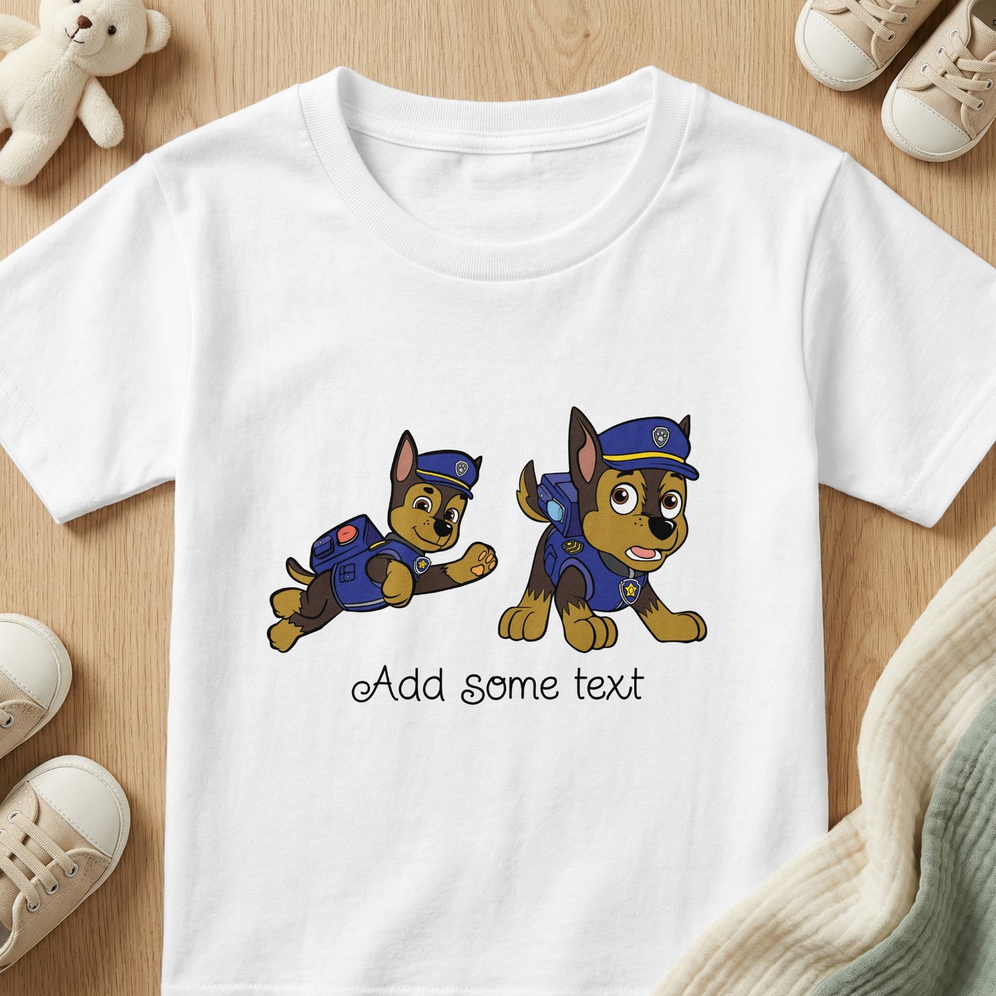 White t-shirt with two cartoon dogs in police uniforms and text "Add some text."