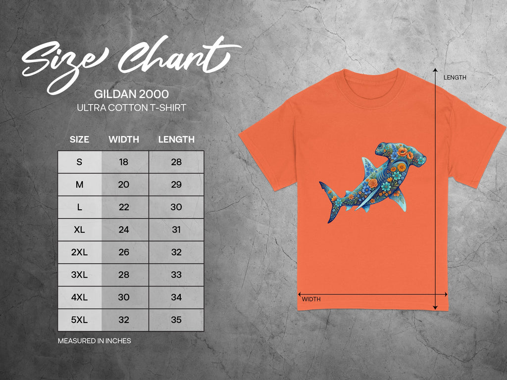 Gildan 2000 Ultra Cotton t-shirt size chart with floral hammerhead shark graphic.