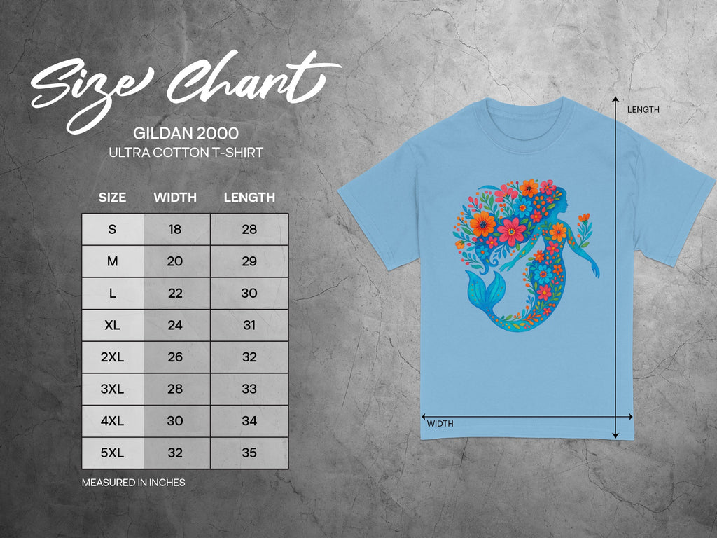 Gildan 2000 Ultra Cotton t-shirt size chart with measurements in inches.