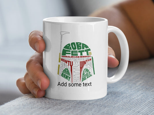 White mug with Boba Fett helmet design made of text.