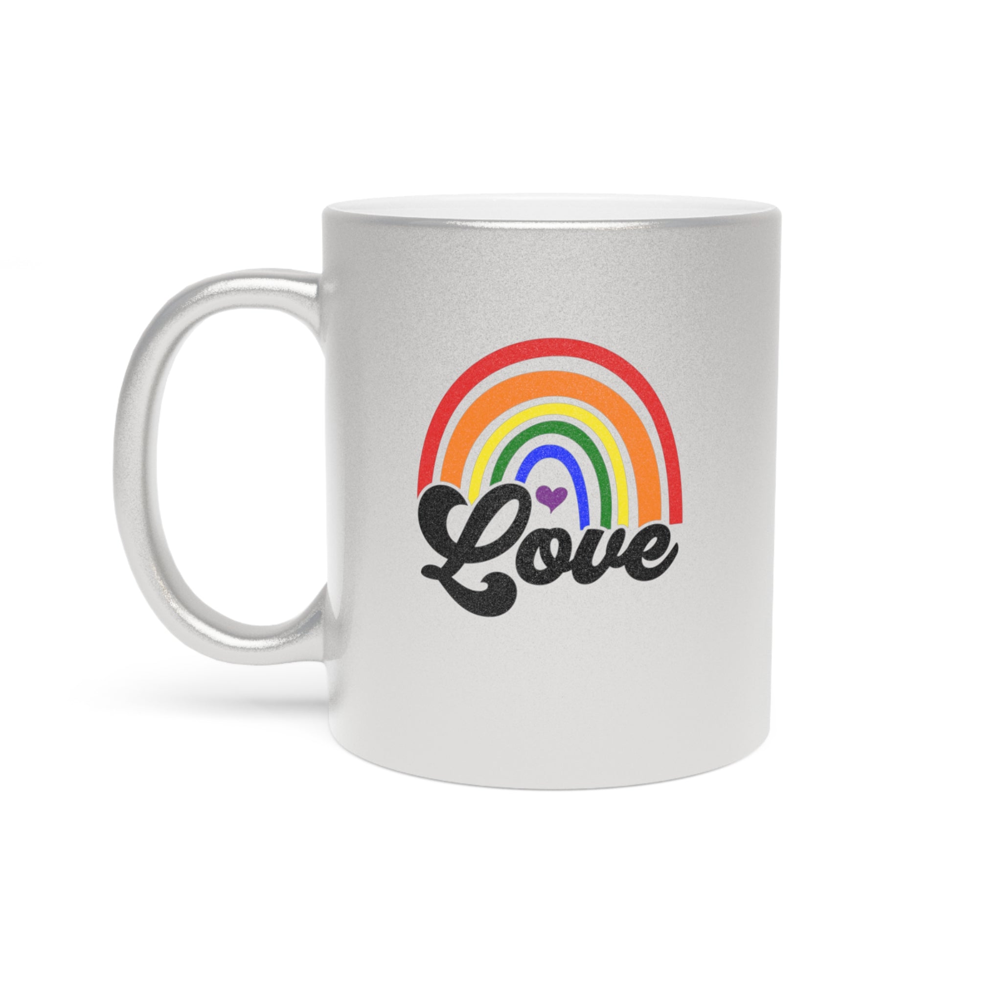 Silver mug with rainbow and "Love" text and purple heart.
