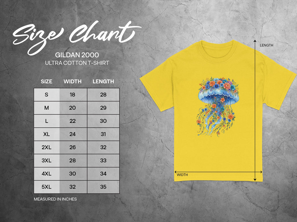Gildan 2000 Ultra Cotton T-Shirt size chart in inches with measurements for S to 5XL.