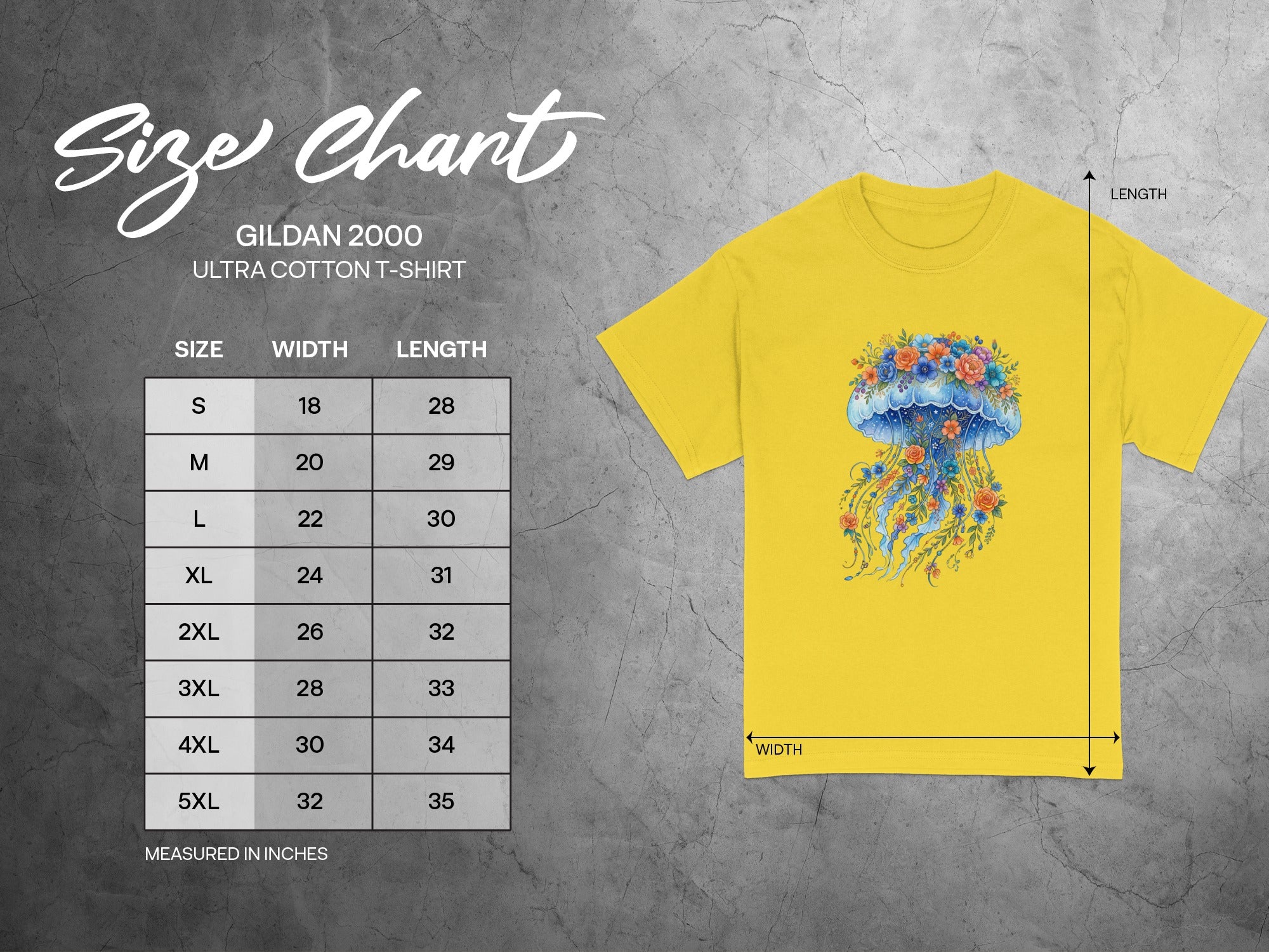 Gildan 2000 Ultra Cotton T-Shirt size chart in inches with measurements for S to 5XL.