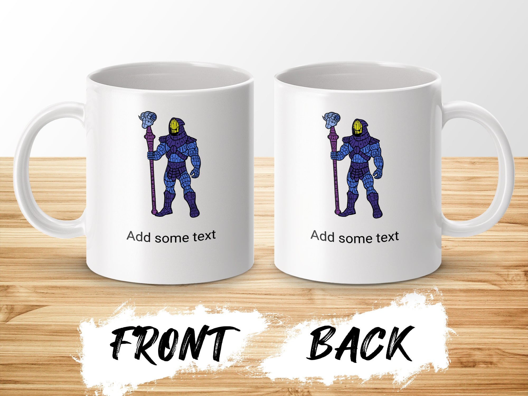 Mug featuring a blue character with a staff on both front and back.