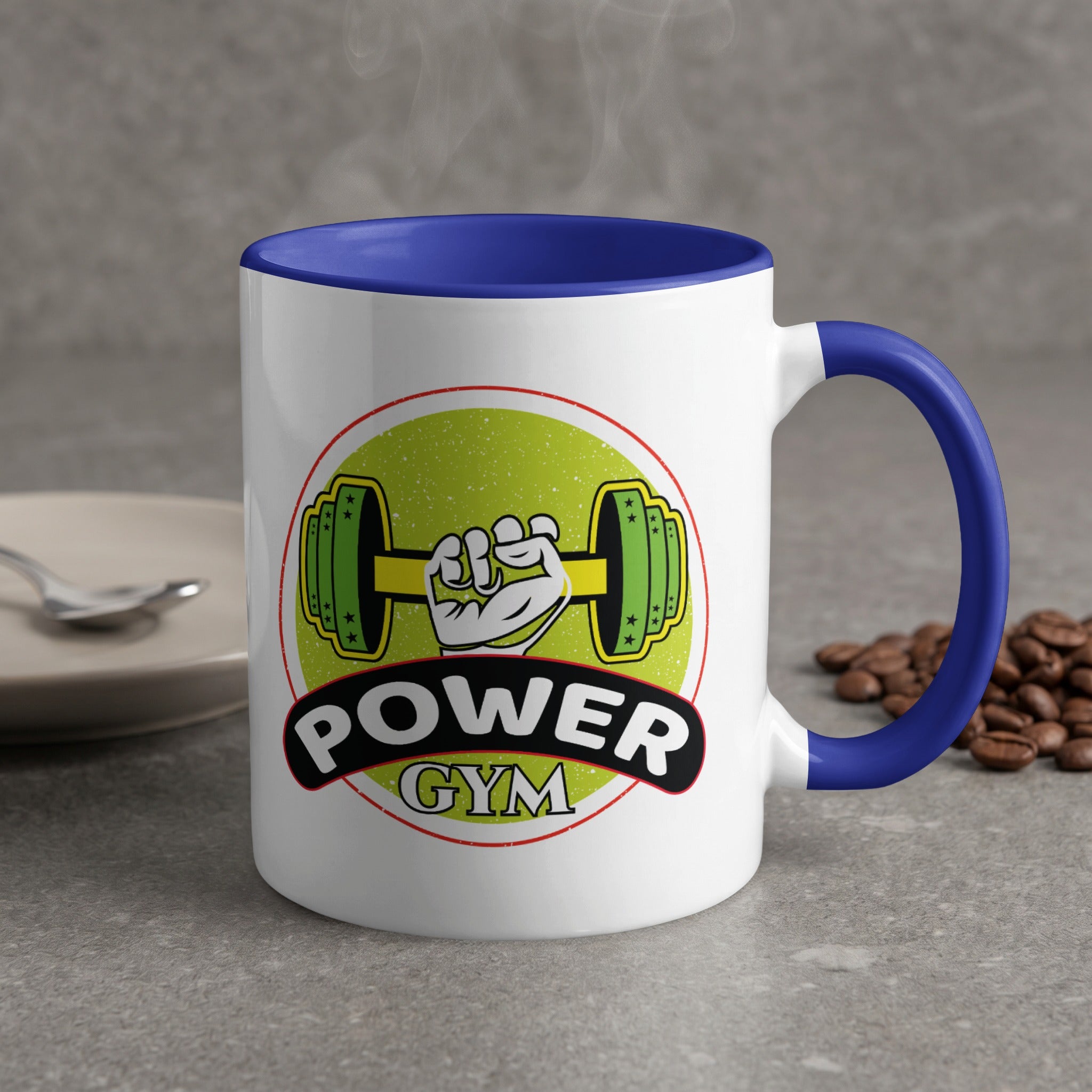 White mug with blue handle, featuring "Power Gym" logo with barbell and bicep.