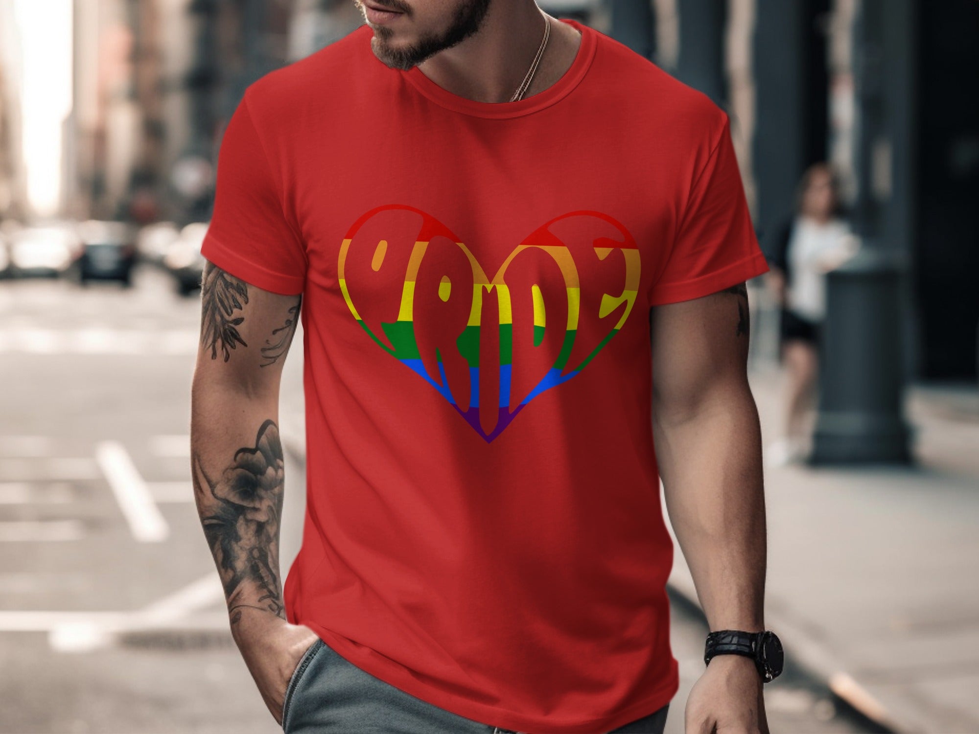 Red t-shirt with rainbow heart graphic spelling "Pride"