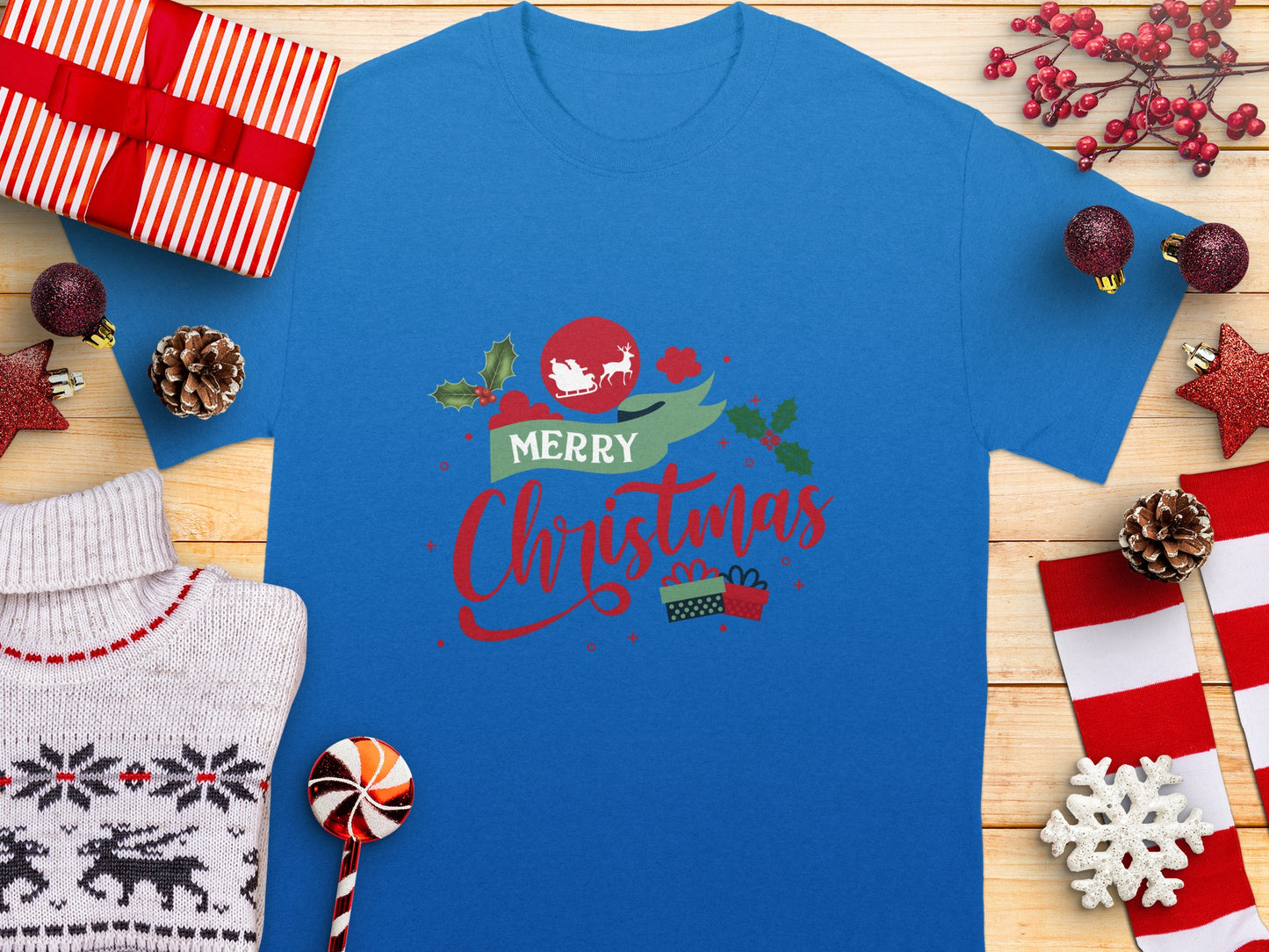 Merry Christmas Graphic Design Blue T-shirt