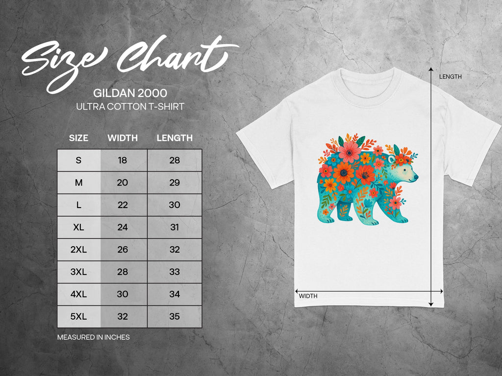 Gildan 2000 Ultra Cotton t-shirt size chart with width and length measurements in inches.