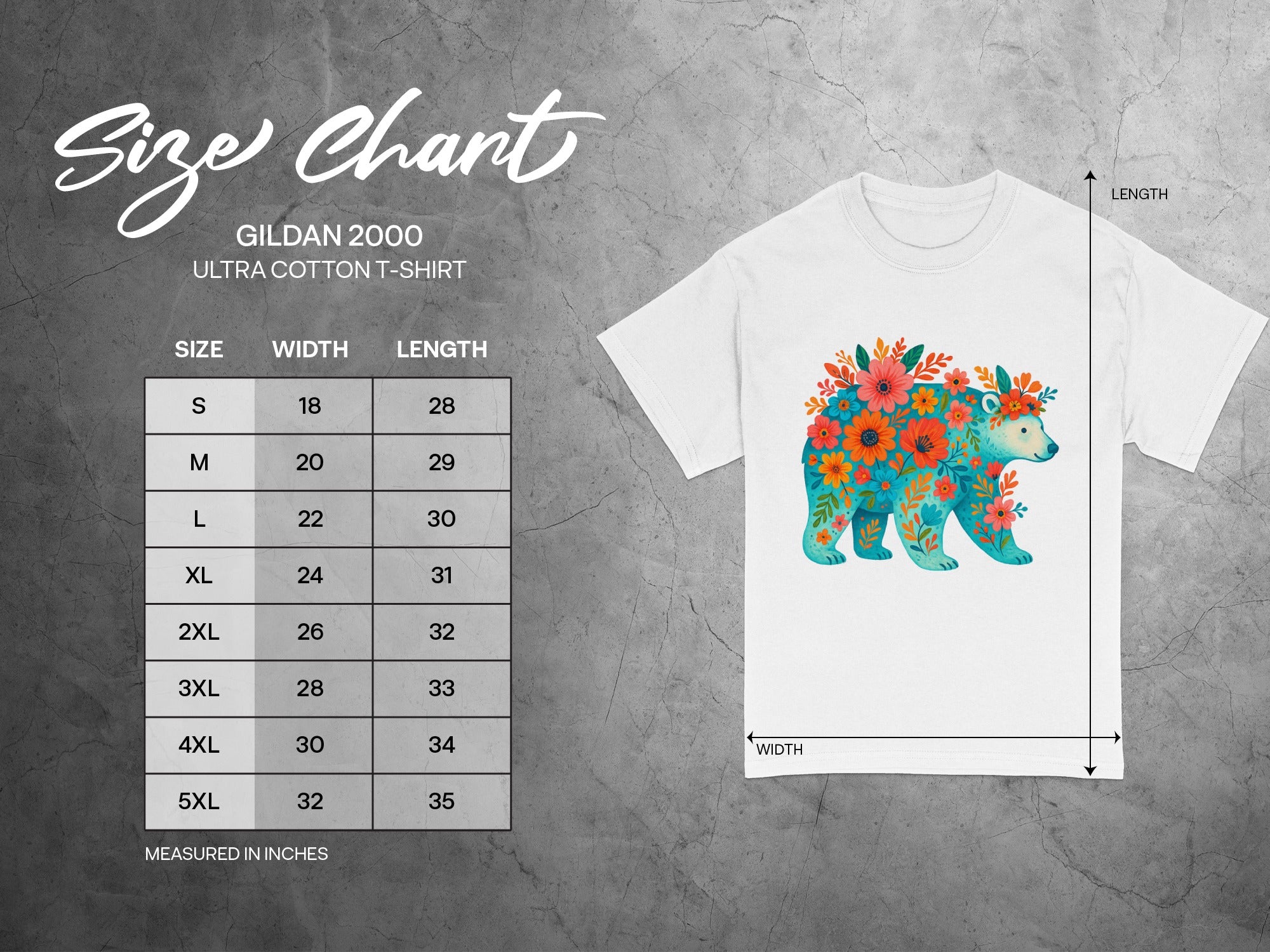 Gildan 2000 Ultra Cotton t-shirt size chart with width and length measurements in inches.